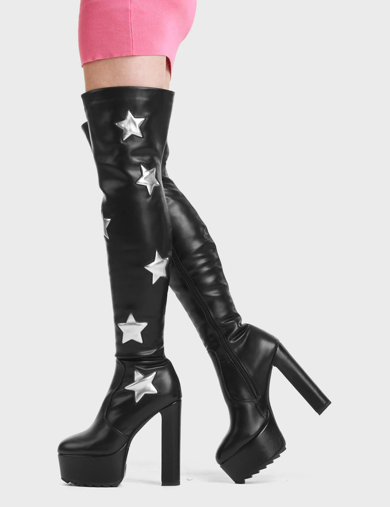 Nebula Platform Thigh High Boots in Black. These Platform Thigh High Boots feature Silver Stars across the boot.