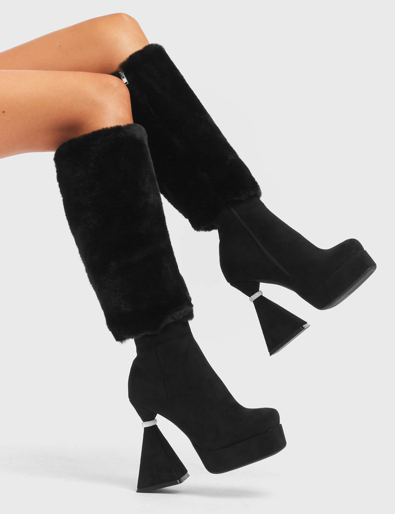 ASPIRATIONAL

Ambitious Platform Knee High Boots in Black faux suede leather. These platform boots feature a flared heel that includes silver ring detailing on the heel.. Also features exuberant fur detailing across the upper, keeping it nice and classy. Made with eco-friendly materials, these platform boots are as ethical as they are chic.

- Platform Height
- Knee High Length
- Fur Detailing
- Flared Heel
- Silver Ring Detail
- Suede
- 100% vegan

SKU: LMF 5440 - BlackSUEDE/Fur