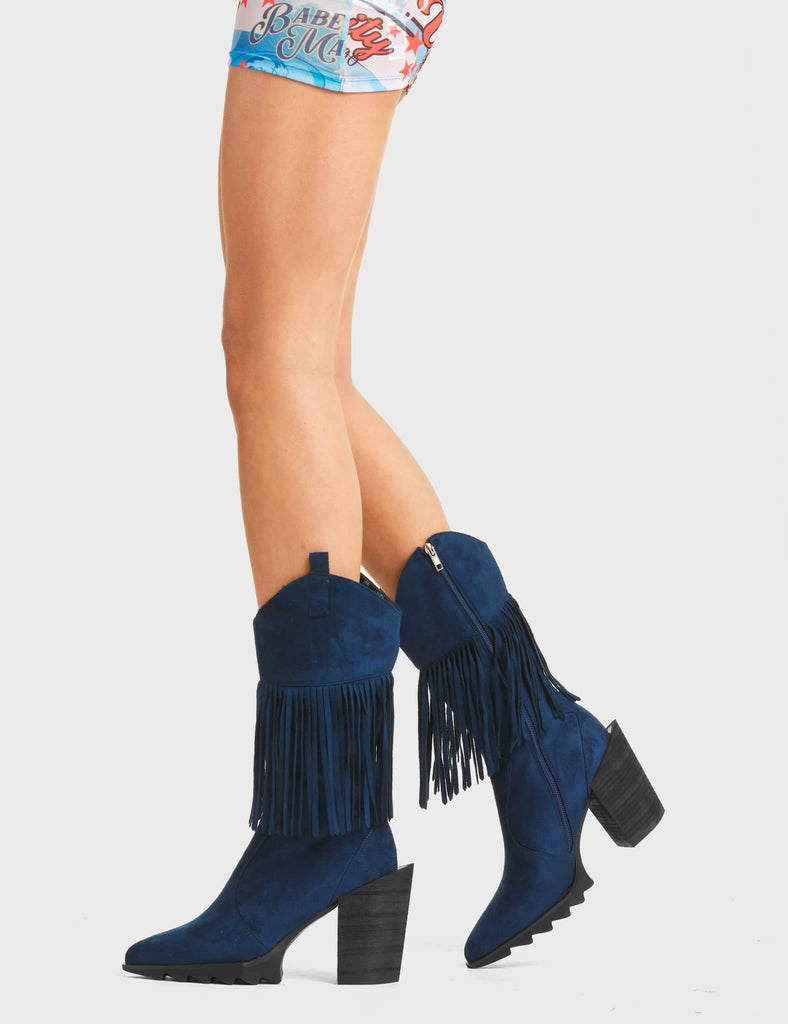 Astonishing Western Calf Boots in Blue. These Western boots feature black hanging tassels. Made with eco-friendly materials and 100% cruelty-free.