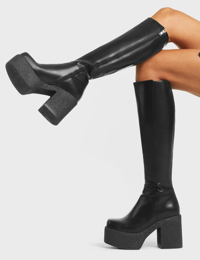 Knee High Boots Black Platform Mid Calf Boots Elbslutt Platform