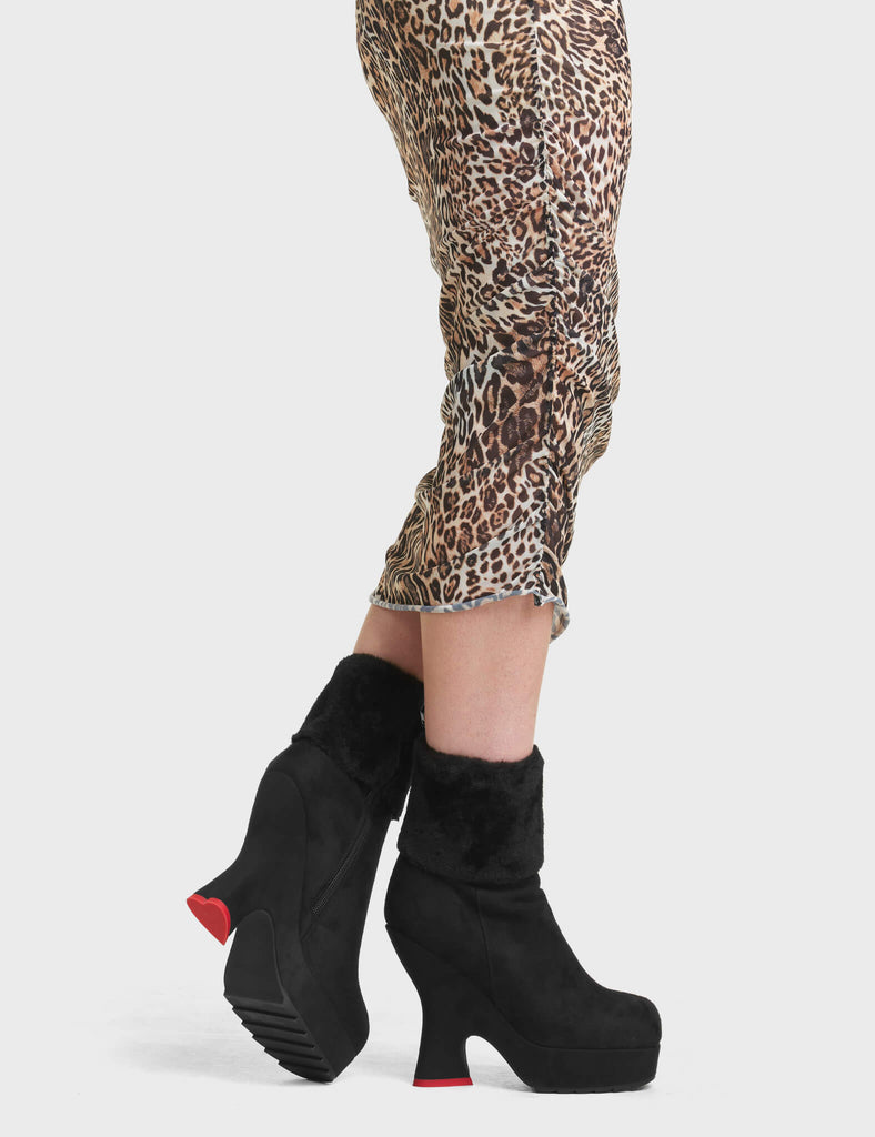 Cause For Concern Chunky Platform Ankle Boots in Black Suede. These Platform Boots feature Fur neck and a heart shaped heel.
