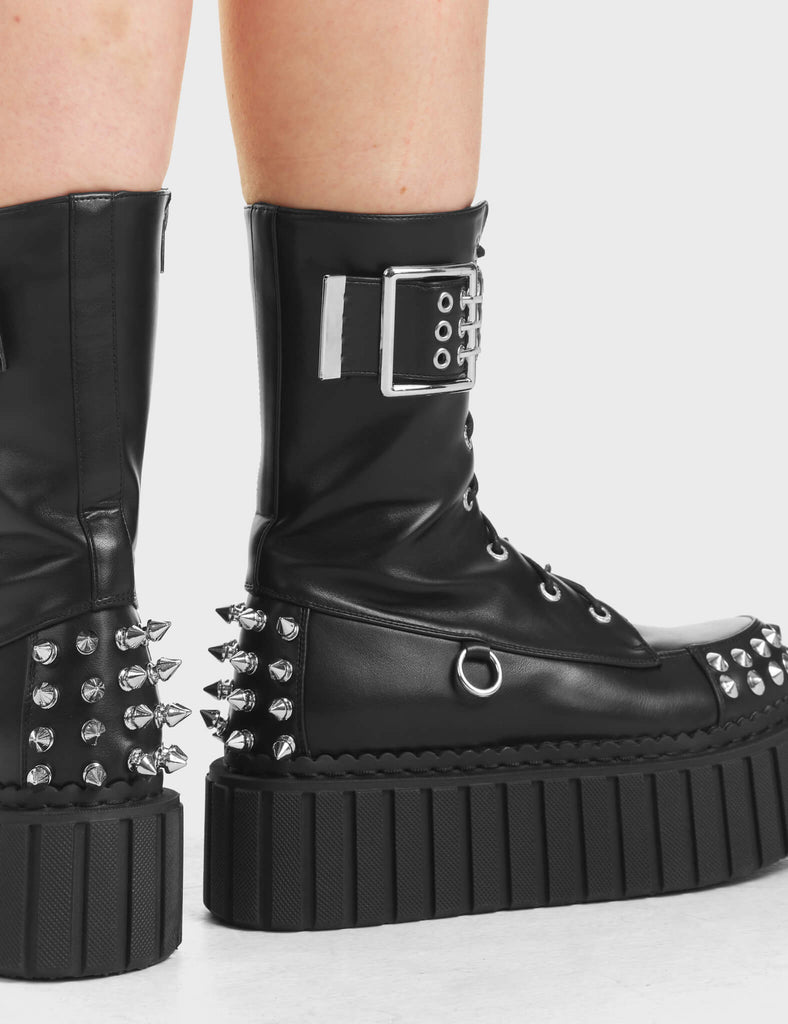 Crystal Clear Chunky Ankle Creeper Boots in Black. Featuring silver spikes around the foot of the shoe.