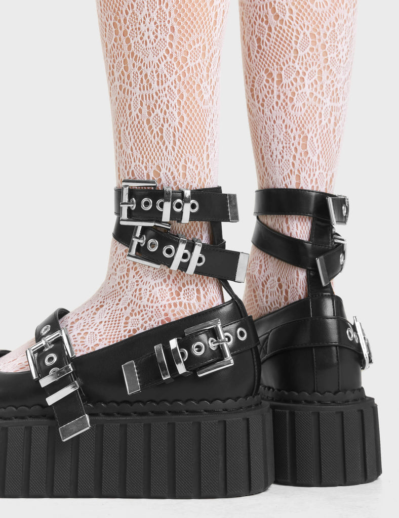 Dish It Out Chunky Creeper Shoes in Black. Feature three leather straps with silver square buckles and silver eyelets