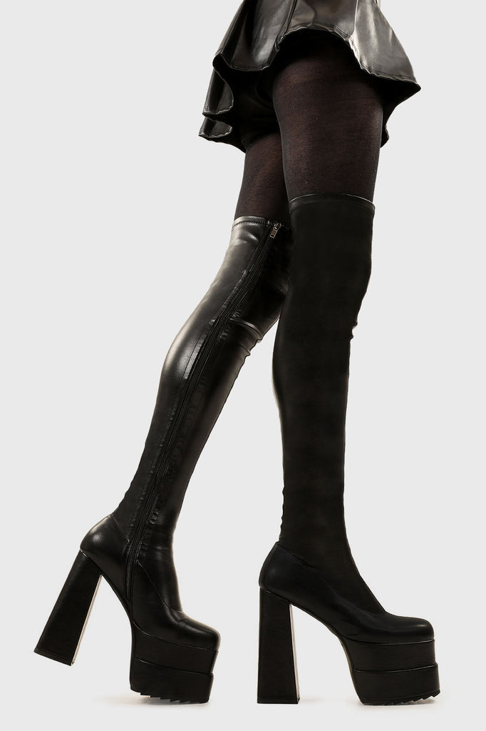 Ground Breaking

Fantasies Wide Calf Platform Thigh High Boots in Black Stretch faux leather. These platform boots feature on our double stack platform sole, leave them with a lasting impression. Made with eco-friendly materials and 100% cruelty-free, these platform boots are as ethical as they are Ground Breaking!

- Platform Height
- Heel Height
- Wide Fit
- Black Zip 
- Thigh high length
- Shark's teeth grip
- Chunky Platform sole
- Round Toe 
- 100% vegan 

SKU: LMF 2698 - BlackPU - WIDE FIT