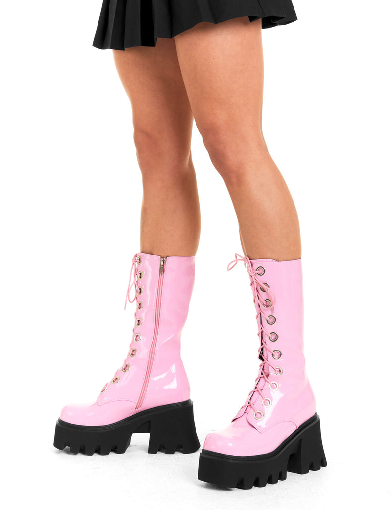 THESE BOOTS ARE MADE FOR WALKING
 
 Get Paid Chunky Platform Calf Boots in Pink patent. These vegan western Boots feature a pink lace up boot with silver round eyelets , very classy. Made with eco-friendly materials and 100% cruelty-free, these boots are as ethical as they are edgy!
 
  
 - Chunky Platform
 - Calf length
 - Lace up
 - Silver round eyelets
 - Rounded toe 
 - 100% vegan 
 
 SKU: LMF 3605 - PinkPAT