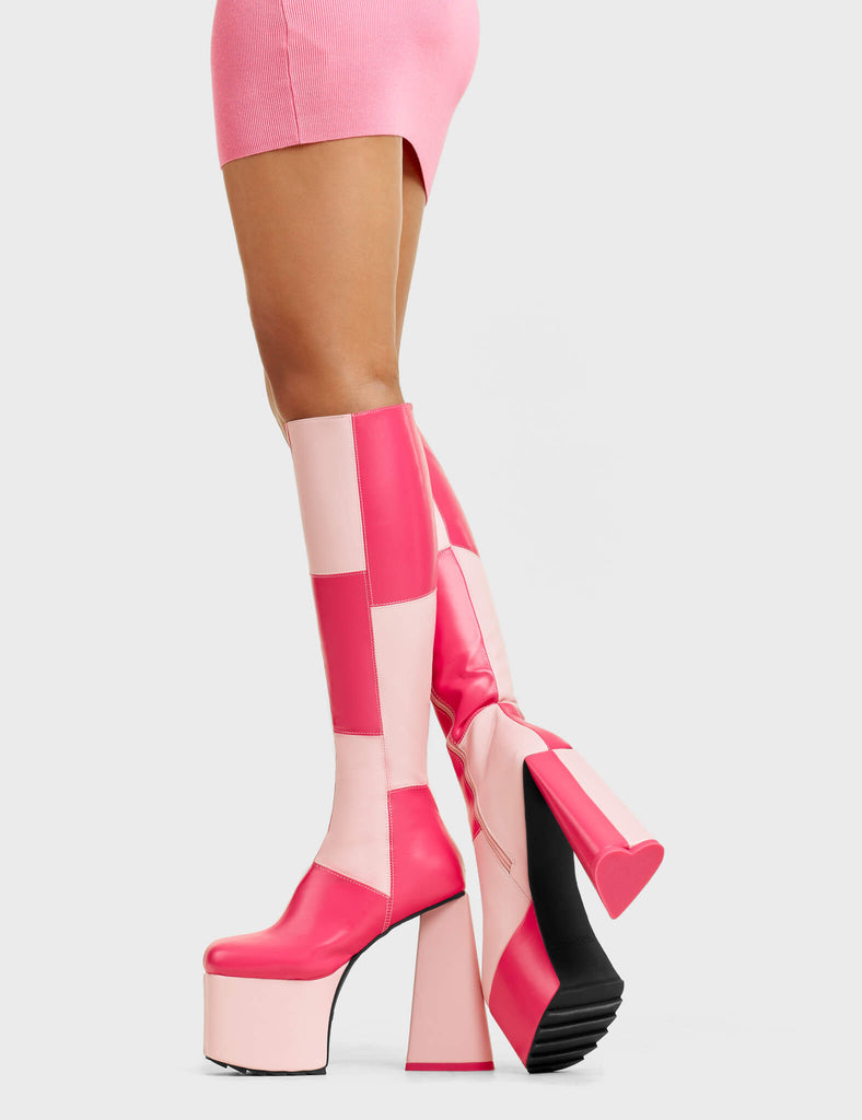 DOUBLE TROUBLE

Getting Better Platform Knee High Boots in Pink and Fuchsia faux leather. These platform boots feature a pink and fuchsia patch work design with a heart shaped heel that has a heart detailing at the bottom, keeping it nice and classy. Made with eco-friendly materials and 100% cruelty-free, these platform boots are as ethical as they are chic.

- Platform Height
- Knee High Length
- Patch Work Design
- Heart Heel
- Heart Detail 
- 100% Vegan

SKU: LMF 4904 - Pink/FuchsiaPU