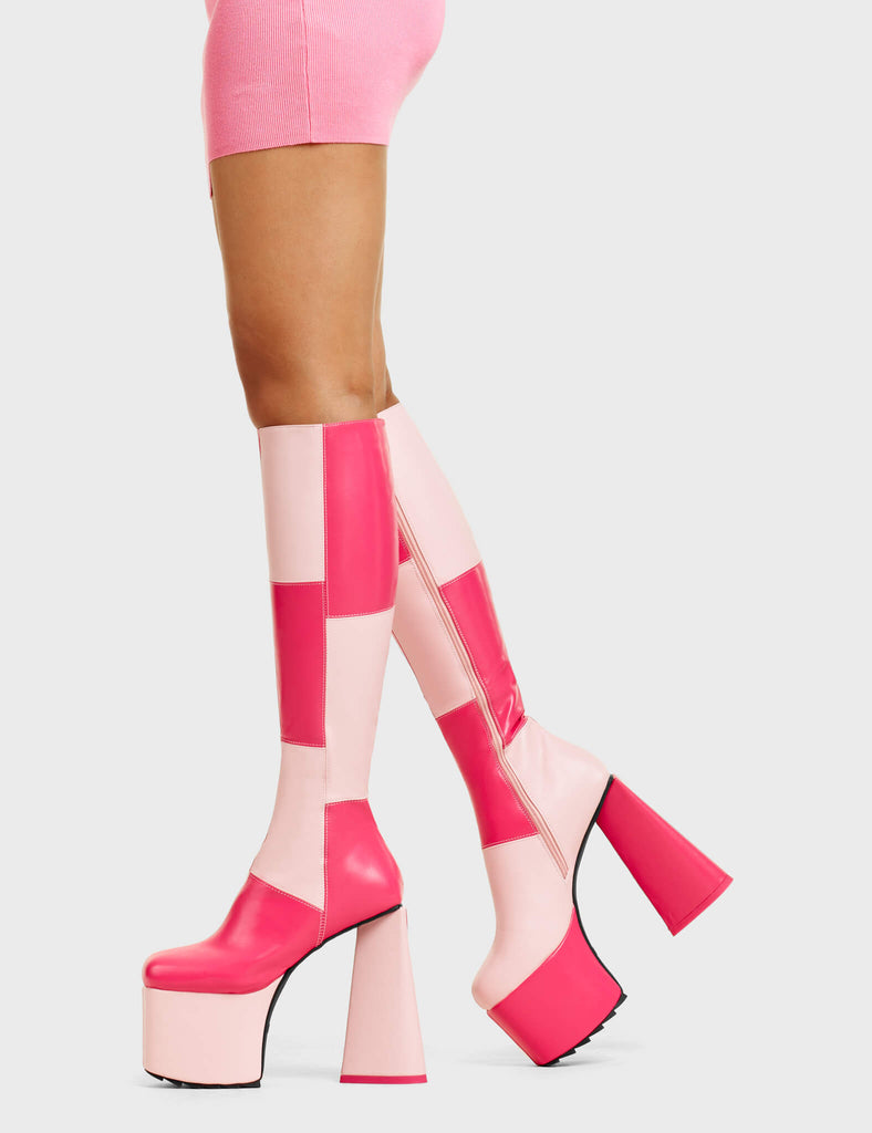 DOUBLE TROUBLE

Getting Better Platform Knee High Boots in Pink and Fuchsia faux leather. These platform boots feature a pink and fuchsia patch work design with a heart shaped heel that has a heart detailing at the bottom, keeping it nice and classy. Made with eco-friendly materials and 100% cruelty-free, these platform boots are as ethical as they are chic.

- Platform Height
- Knee High Length
- Patch Work Design
- Heart Heel
- Heart Detail 
- 100% Vegan

SKU: LMF 4904 - Pink/FuchsiaPU
