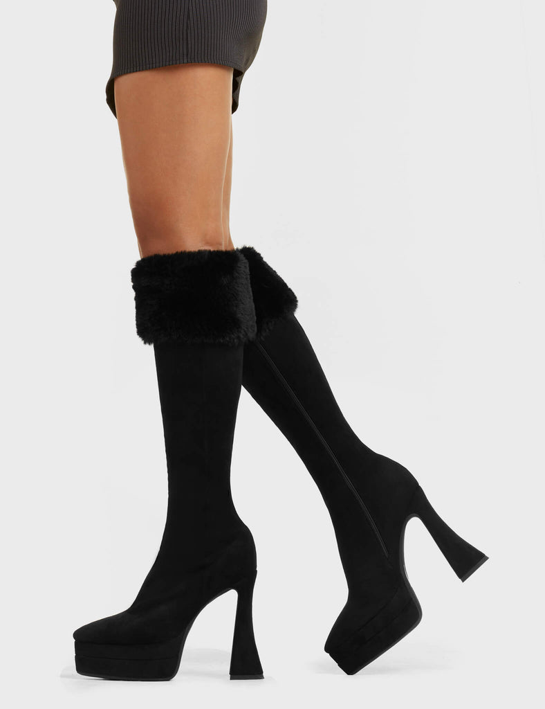 INNER PEACE

Good Soul Platform Knee High Boots in Black faux suede. These platform boots feature a sleek look with a curved shaped heel. Also features exuberant fur detailing across the upper, keeping it nice and classy. Made with eco-friendly materials and 100% cruelty-free, these platform boots are as ethical as they are chic.

- Platform Height
- Knee High Length
- Fur Detailing
- Flared Heel
- High Heel
- Suede
- 100% vegan

SKU: LMF 5463 - BlackSUEDE/Fur