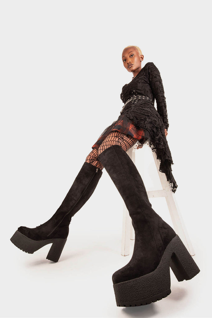 Bold Steps 
 
 I'm What You Want Platform Knee High Boots in Black Suede. These Black vegan Platform Boots feature black suede material on a chunky lightweight sole, making them the perfect pair for a night out! Made with eco-friendly materials and 100% cruelty-free!
 
 - Platform Height: 1.6 inch
 - Heel Height: 4.4 inch
 - Black Zipper
 - Gusset detail
 - Wide Ankle and Calf Friendly 
 - Chunky sole
 - Round Toe
 - 100% vegan 
 
 SKU: LMF 1823 - BlackSUEDE