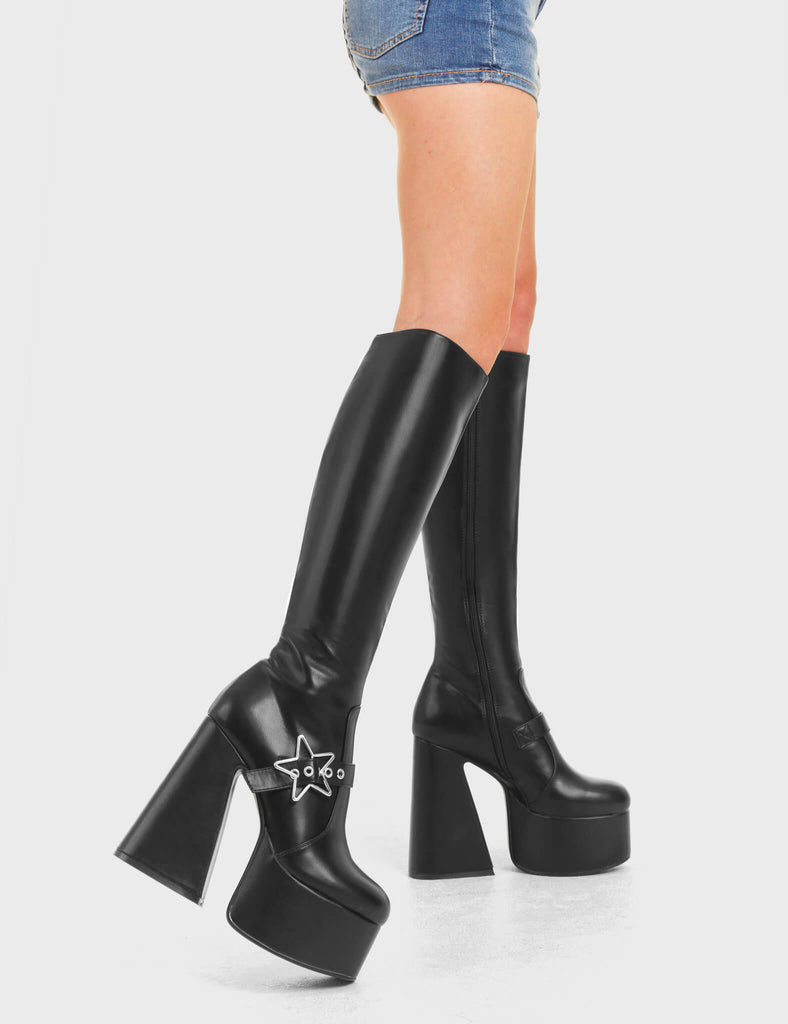 KEEPING IN CUTE
 
 I'm Your Star Platform Knee High Boots in Black faux leather. These platform boots feature a minimalist look with a silver star buckle. Made with eco-friendly materials and 100% cruelty-free, these platform boots are as ethical as they are chic.
 
 - Platform Height
 - Knee high 
 - Silver star buckle
 - Flared heel
 - High Heel
 - 100% vegan 
 
 SKU: LMF 3359 - BlackPU