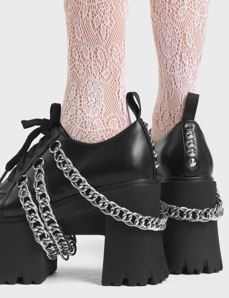 Illusion Chunky Platform Shoes in Black. Featuring hanging chains and silver studs.  