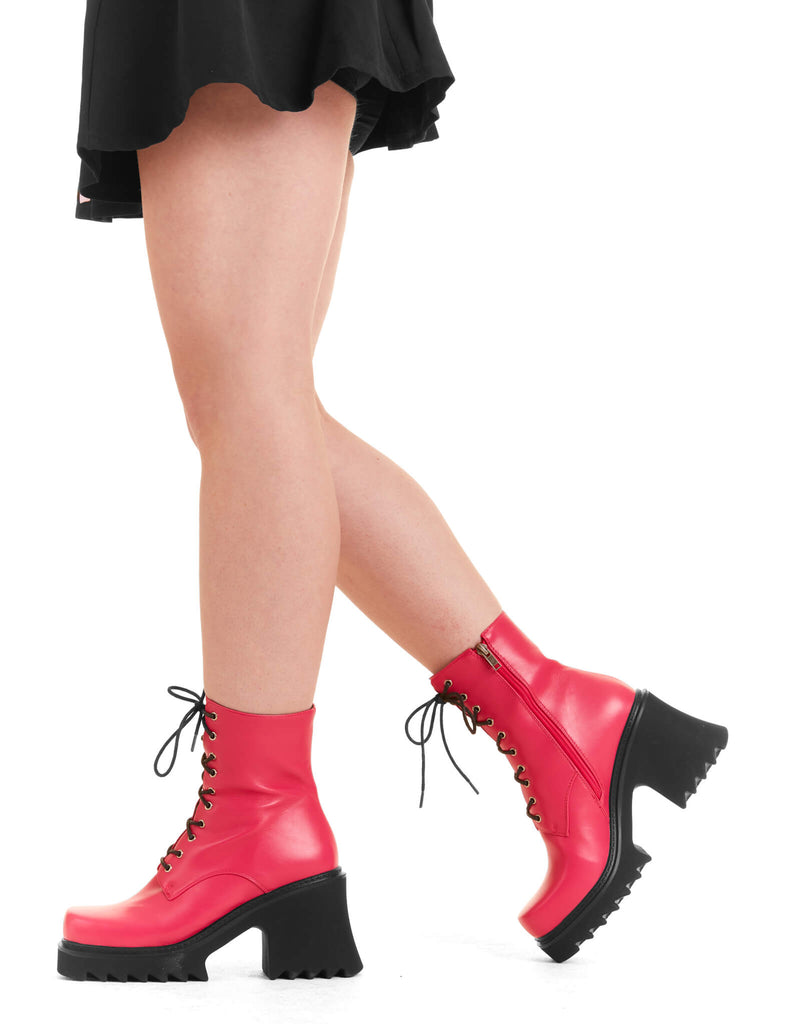 ON A HIGH
 In Opposition Chunky Platform Ankle Boots in Fuchsia faux leather. These vegan western Boots feature black laces and a shark teeth grip sole, very chic. Made with eco-friendly materials and 100% cruelty-free, these boots are as ethical as they are edgy!
 
  
 - Chunky Platform
 - Calf length 
 - Shark teeth grip
 - Black laces
 - Rounded toe 
 - 100% vegan 
 
 SKU: LMF 3729 - FuchsiaPU