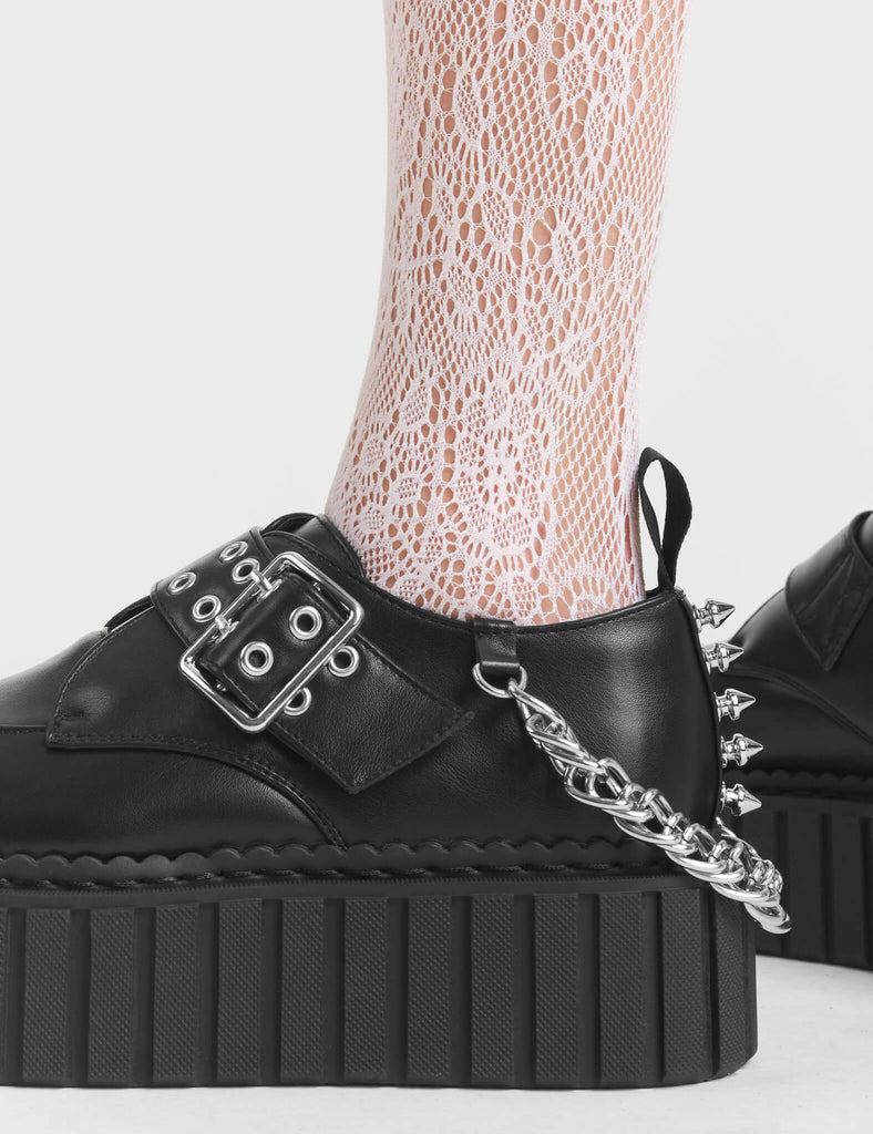 Incentive Chunky Creeper Shoes in Black. Feature silver studs and silver spikes.