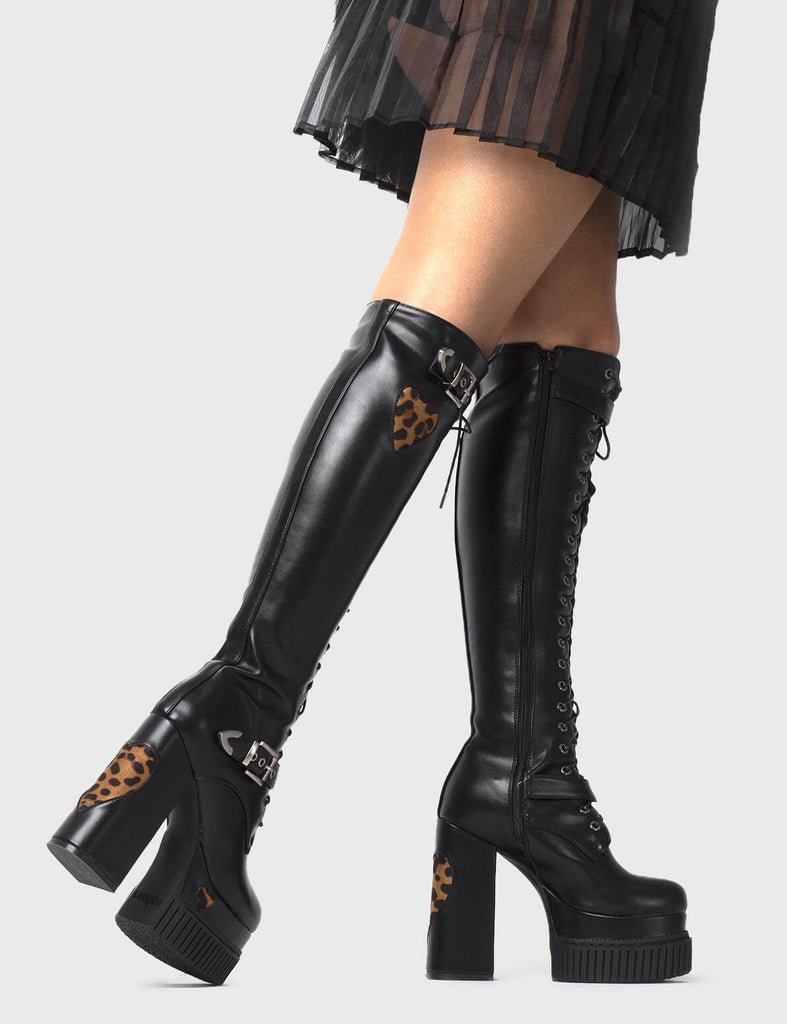 GET WILD WITH IT
 
 Leopard Crawl Creeper Platform Knee High Boots in Black faux leather. These vegan Boots feature faux suede Leopard print hearts and a Creeper Platform sole, perfect for adding height and the wow factor to any outfit.
 
 - Platform Height: 2 inch
 - Heel Height: 5.5 inch
 - Knee high length
 - Leopard print hearts 
 - Black zipper 
 - Lace up
 - Adjustable buckles
 - Platform creeper sole
 - Square toe 
 - 100% vegan 
 
 SKU: LMF 0934 - BlackPU/LEO
