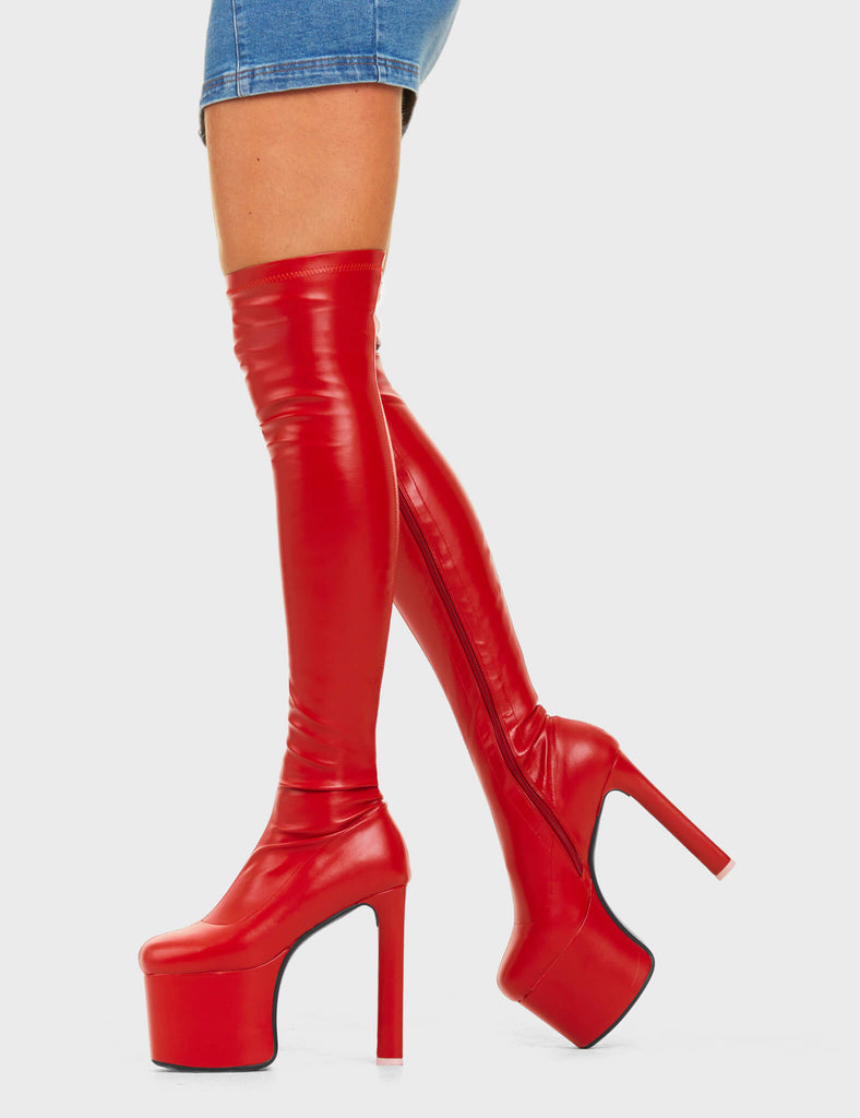 RED ALERT
 
 Night Owl Platform Thigh High Boots in Red faux leather. These platform boots feature a minimalist design, with a fiited feel and a Heart shaped hee with a pink heart at the bottom, the perfect way to elevate any look. Made with eco-friendly materials and 100% cruelty-free, these platform boots are as ethical as they are cool.
 
 - Platform Height
 - Heel Height
 - Fitted-feel
 - Heart shaped heel
 - Pink heart
 - Red Zip
 - Platform sole
 - 100% vegan
 
 SKU: LMF 4650 - RedPU