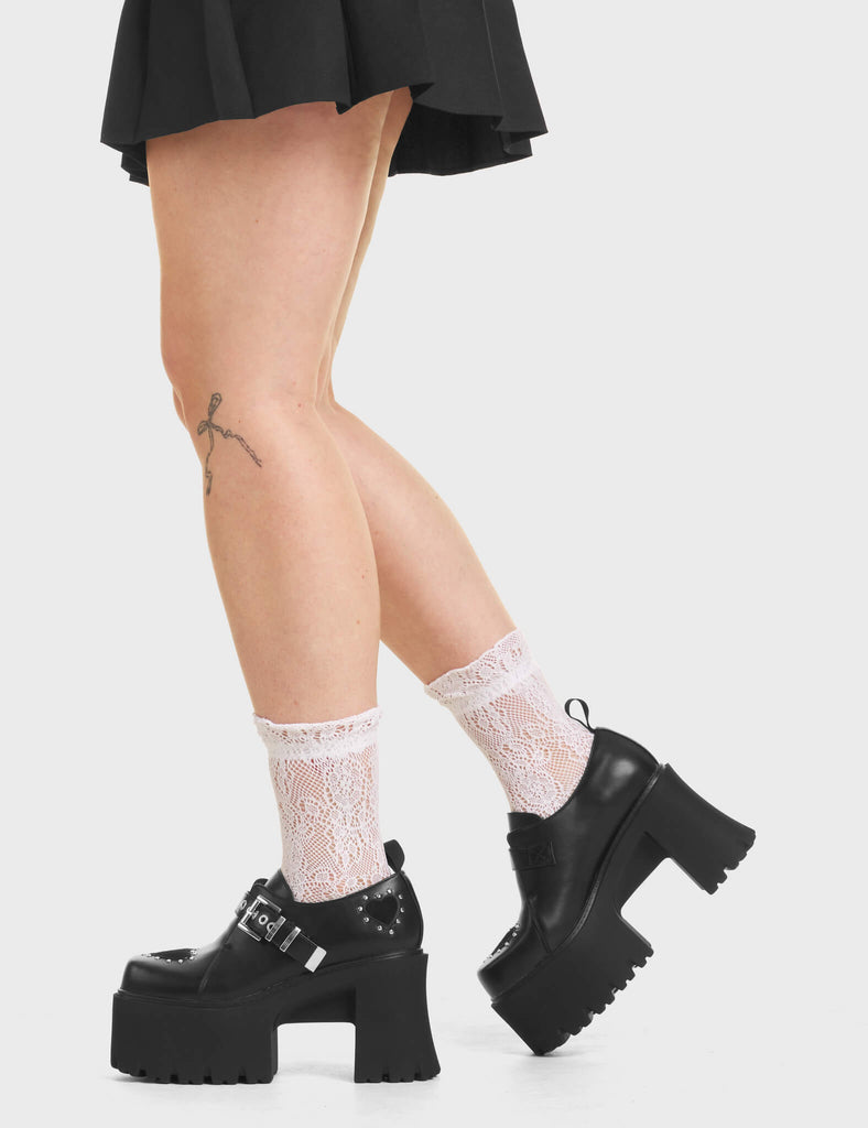 Read You Chunky Platform Shoes in Black. Feature black suede hearts surrounded by silver studs.