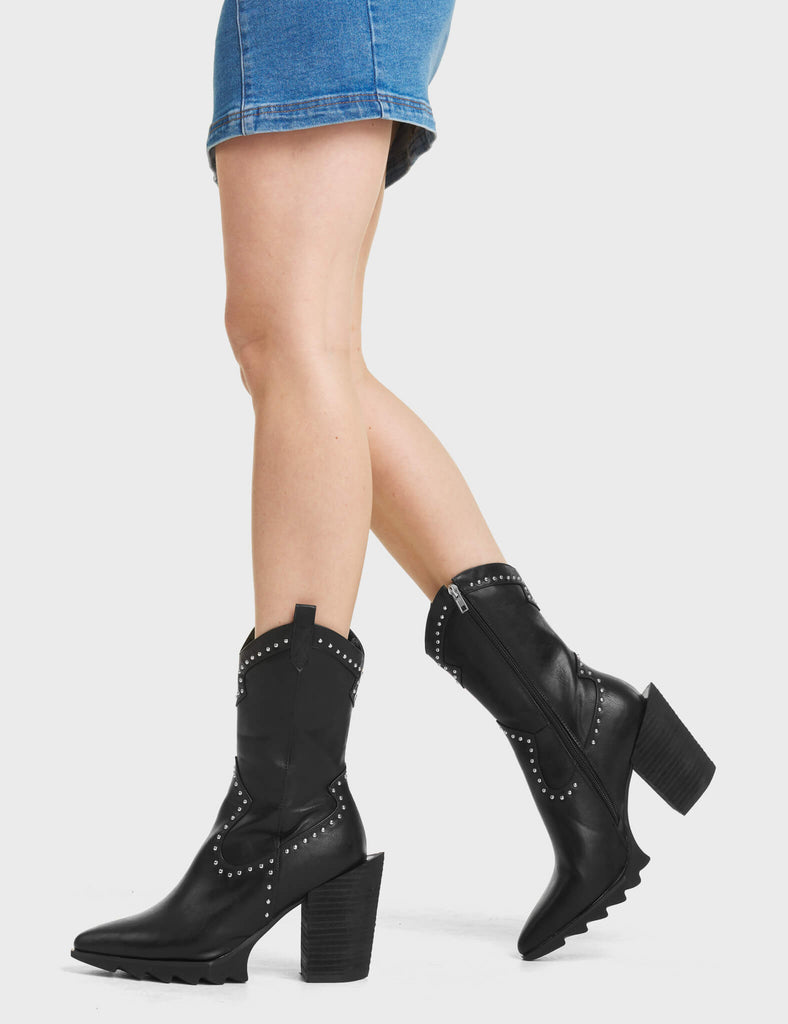No Insecurities Western Ankle Boots in Black. These Western boots feature silver studs. Made with eco-friendly materials and 100% cruelty-free.