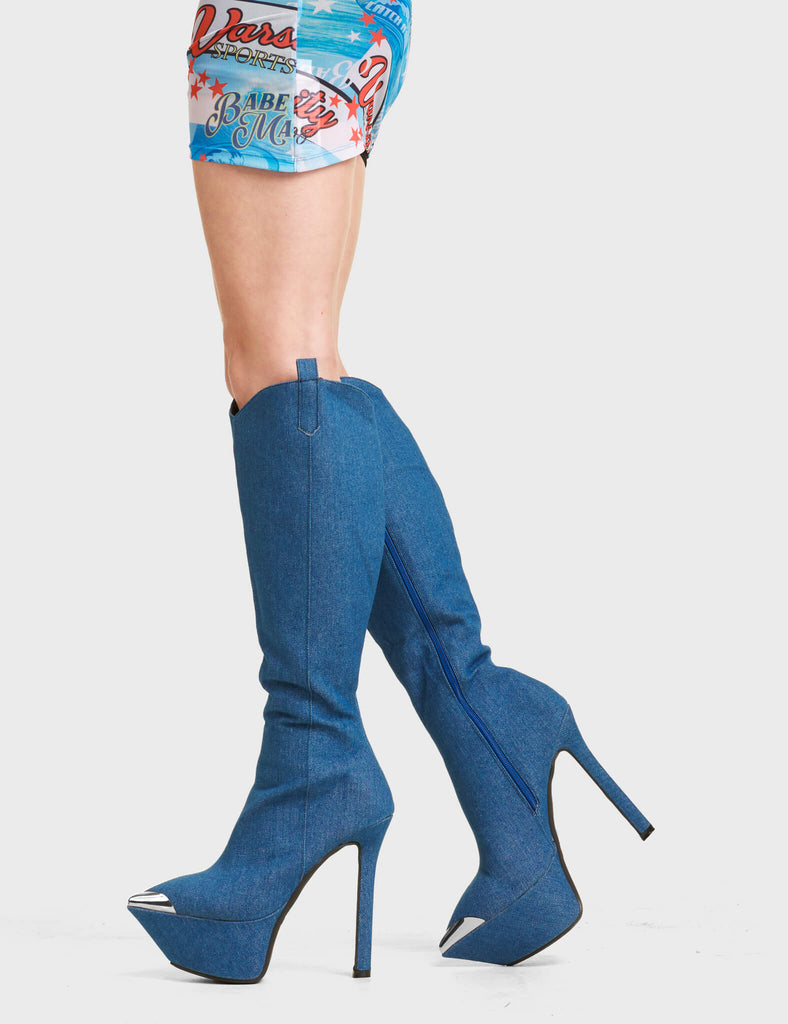 Seal My Fate Platform Knee High Boots in Blue Denim. Features a minimalist design, easy pull-on tabs and a silver toe cap.