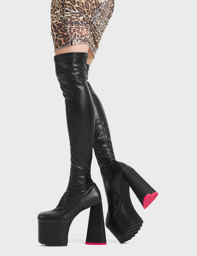 Separate Platform Thigh High Boots in Black. Black vegan Platform Boots with a stretch design and Heart heel.
