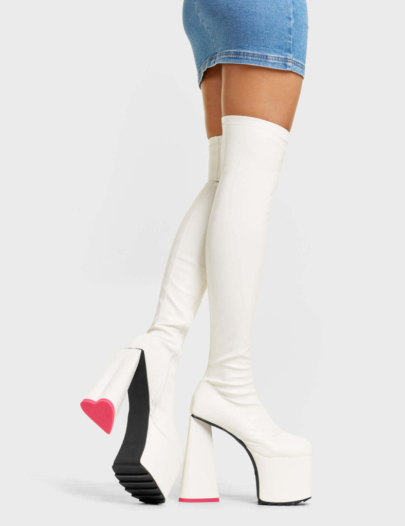 DON"T LEAVE

Separate Platform Thigh High Boots in White faux leather. These white vegan Platform Boots feature a stretch design on our platform sole which has a heart shaped heel and a red heart at the bottom. Made with eco-friendly materials and 100% cruelty-free, these platform boots are as ethical as they are dominant!


- Platform Height:
- Fuchsia Zipper
- Shark's Teeth Rubber Grip
- Platform Sole
- Red Heart Detail
- Square Toe
- 100% vegan

SKU: LMF 4909 - FuchsiaPU