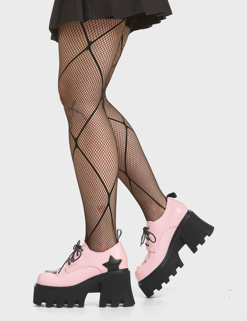 Swear Jar Chunky Shoes in Pink. Feature lace-up detail and black stars on a chunky and comfortable platform sole. 