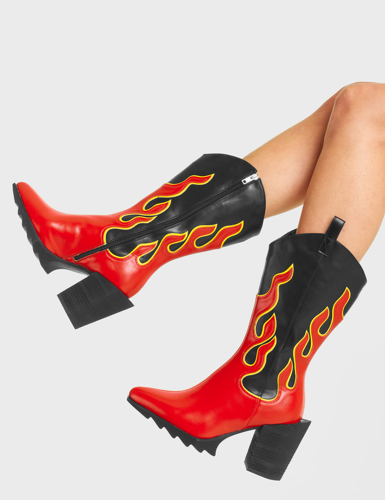 Temperature Rising Calf Boots feature a red flame design with yellow detailing, and features a signature western block heel