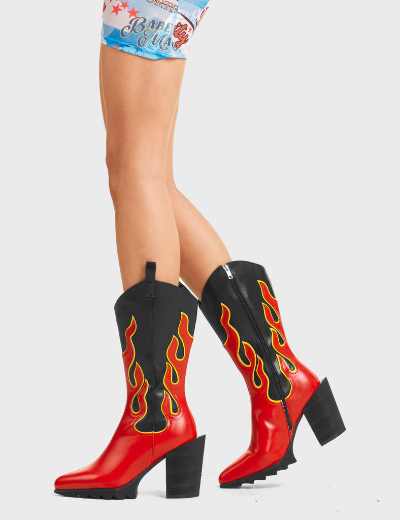 Temperature Rising Calf Boots feature a red flame design with yellow detailing, and features a signature western block heel
